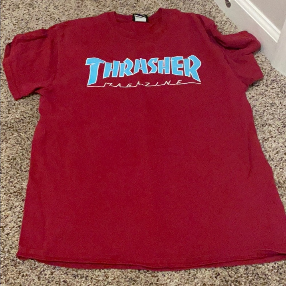 Maroon a thrasher that shirt w blue lettering